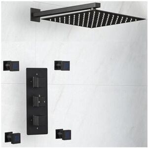 Milano - Preto - Modern 2 Outlet Triple Thermostatic Mixer Shower Valve with 300mm Wall Mounted Square Rainfall Shower Head and Four Body Jets Milano - Preto - Modern 2 Outlet Triple Thermostatic Mixer Shower Valve with 300mm Wall Mounted Square Rainfall Shower Head and Four Body Jets