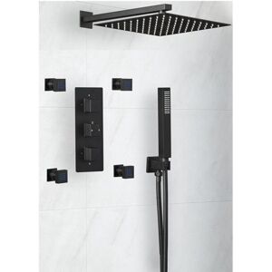 Milano Preto 3 Outlet Triple Diverter Thermostatic Mixer Valve with 300mm Wall Mounted Square Rainfall Shower Head Hand Shower Handset Kit and Four Milano Preto 3 Outlet Triple Diverter Thermostatic Mixer Valve with 300mm Wall Mounted Square Rainfall Shower Head Hand Shower Handset Kit and Four