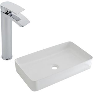 Milano - Rivington - Modern 600mm x 340mm White Ceramic Rectangular Countertop Bathroom Basin Sink - With High Rise Tap Milano - Rivington - Modern 600mm x 340mm White Ceramic Rectangular Countertop Bathroom Basin Sink - With High Rise Tap