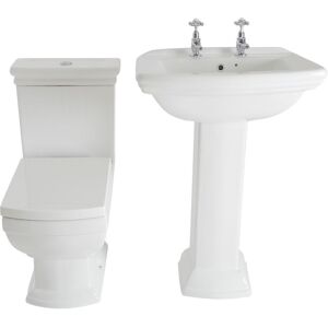 Sandringham - White Ceramic Traditional Close Coupled Toilet wc and Bathroom Basin Sink with Full Pedestal - 2 Tap Hole - Milano Sandringham - White Ceramic Traditional Close Coupled Toilet wc and Bathroom Basin Sink with Full Pedestal - 2 Tap Hole - Milano