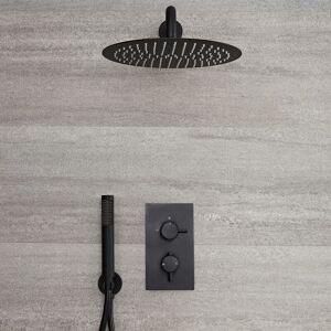 No Brand - Milano Nero - Modern 2 Outlet Twin Diverter Thermostatic Mixer Shower Valve with Wall Mounted 300mm Round Rainfall Shower Head and Hand No Brand - Milano Nero - Modern 2 Outlet Twin Diverter Thermostatic Mixer Shower Valve with Wall Mounted 300mm Round Rainfall Shower Head and Hand