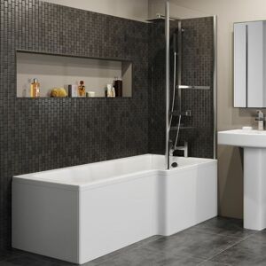 AFFINE L Shaped 1700mm Shower Bath Acrylic Modern Bathtub - Right Hand with Front & End Panel & 5mm Glass Bathscreen AFFINE L Shaped 1700mm Shower Bath Acrylic Modern Bathtub - Right Hand with Front & End Panel & 5mm Glass Bathscreen