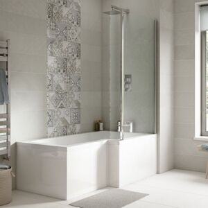 Square L-Shaped Shower Bath with Front Panel and Screen 1700mm x 700mm/850mm - Right Handed - Nuie Square L-Shaped Shower Bath with Front Panel and Screen 1700mm x 700mm/850mm - Right Handed - Nuie