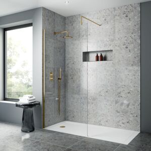 Nuie - Wet Room Screen 1850mm High x 900mm Wide with Support Bar 8mm Glass - Brushed Brass Nuie - Wet Room Screen 1850mm High x 900mm Wide with Support Bar 8mm Glass - Brushed Brass