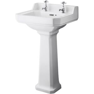 Premier - Milano Richmond - Traditional White Ceramic Bathroom Basin Sink with Full Pedestal and Two Tap Holes - 500mm x 350mm Premier - Milano Richmond - Traditional White Ceramic Bathroom Basin Sink with Full Pedestal and Two Tap Holes - 500mm x 350mm