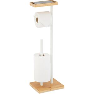Relaxdays Toilet Paper Holder, for 3 Spare Rolls, with Shelf, Bamboo & Metal, 66.5x21x17 cm, Freestanding, White/Natural Relaxdays Toilet Paper Holder, for 3 Spare Rolls, with Shelf, Bamboo & Metal, 66.5x21x17 cm, Freestanding, White/Natural