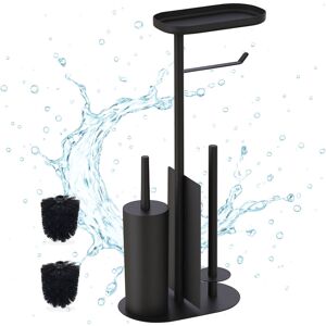 Relaxdays toilet set, HxWxD: 65 x 26 x 17 cm, standing toilet paper holder, brush, spare roll holder, shelf, black. Relaxdays toilet set, HxWxD: 65 x 26 x 17 cm, standing toilet paper holder, brush, spare roll holder, shelf, black.