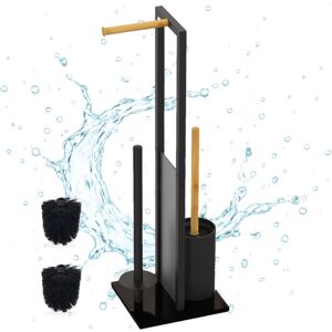 Relaxdays toilet set, HxWxD: 65 x 21 x 18 cm, standing paper holder, toilet brush, spare roll holder, black/natural. Relaxdays toilet set, HxWxD: 65 x 21 x 18 cm, standing paper holder, toilet brush, spare roll holder, black/natural.