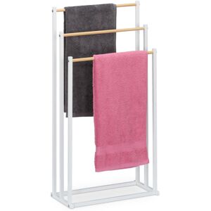 Relaxdays Towel Rack, HxWxD: 86 x 44 x 21 cm, Metal, 3 Rails in Wood Look, Freestanding, Bathroom Airer, White/Natural Relaxdays Towel Rack, HxWxD: 86 x 44 x 21 cm, Metal, 3 Rails in Wood Look, Freestanding, Bathroom Airer, White/Natural