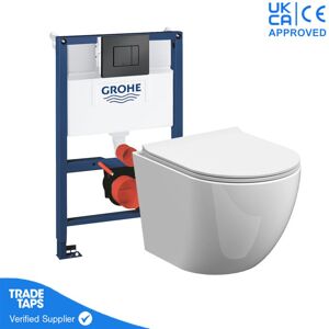 Rimless Wall Hung Toilet Pan with GROHE 0.82m Low Height Concealed Cistern Frame WC - Phantom Black Dual Flush Plate Rimless Wall Hung Toilet Pan with GROHE 0.82m Low Height Concealed Cistern Frame WC - Phantom Black Dual Flush Plate