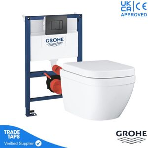 Euro Rimless Wall Hung Toilet Pan with 0.82m Concealed Cistern Frame Dual Flush Plate - Phantom Black - Grohe Euro Rimless Wall Hung Toilet Pan with 0.82m Concealed Cistern Frame Dual Flush Plate - Phantom Black - Grohe