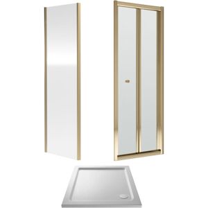 Balterley Square Bi-Fold Shower Suite & 4mm Safety Glass Door, Side Panel 800x800mm Tray Polished Brushed Brass Frame & White Tray Balterley Square Bi-Fold Shower Suite & 4mm Safety Glass Door, Side Panel 800x800mm Tray Polished Brushed Brass Frame & White Tray