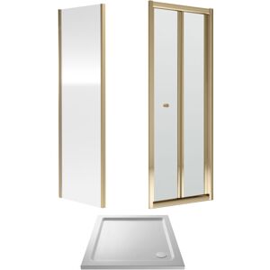 BALTERLEY 6mm Toughened Safety Glass Bi-Fold Shower Door, Side Panel and Shower Tray - 900 x 900 x 1900mm - Brushed Brass Frame - White Tray BALTERLEY 6mm Toughened Safety Glass Bi-Fold Shower Door, Side Panel and Shower Tray - 900 x 900 x 1900mm - Brushed Brass Frame - White Tray