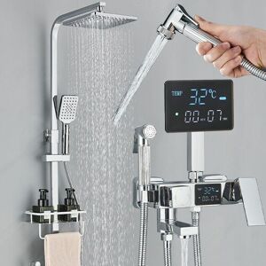 Zamery - Shower System Chrome,Mixer Set with LCD,Square Rainfall Shower Head, Handheld Shower,bidet,shelf, Adjustable Height Anti Scald Chrome Shower Zamery - Shower System Chrome,Mixer Set with LCD,Square Rainfall Shower Head, Handheld Shower,bidet,shelf, Adjustable Height Anti Scald Chrome Shower