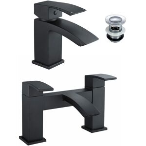 Nes Home - Arke Modern Matte Black Deck Mounted Waterfall Bath Filler Tap And Basin Mixer Tap Set & Waste Nes Home - Arke Modern Matte Black Deck Mounted Waterfall Bath Filler Tap And Basin Mixer Tap Set & Waste