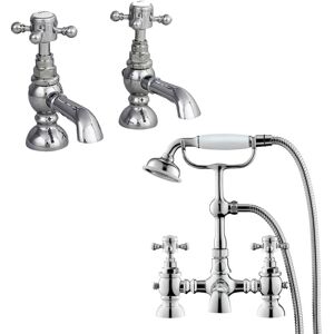 Nes Home - Trafford Twin Hot and Cold Basin Taps & Bath Shower Mixer Tap Chrome Nes Home - Trafford Twin Hot and Cold Basin Taps & Bath Shower Mixer Tap Chrome