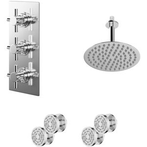 Wholesale Domestic - Cross Polished Chrome Concealed Triple Thermostatic Shower Valve and 200mm Round Head with 150mm Ceiling Arm and 4 Body Jets - 2 Wholesale Domestic - Cross Polished Chrome Concealed Triple Thermostatic Shower Valve and 200mm Round Head with 150mm Ceiling Arm and 4 Body Jets - 2