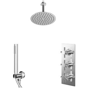 Wholesale Domestic - Cross Polished Chrome Concealed Triple Thermostatic Shower Valve and 200mm Round Head with 150mm Ceiling Arm and Outlet Holder Wholesale Domestic - Cross Polished Chrome Concealed Triple Thermostatic Shower Valve and 200mm Round Head with 150mm Ceiling Arm and Outlet Holder