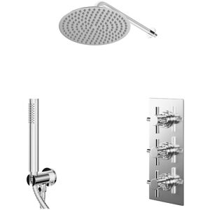Wholesale Domestic - Cross Polished Chrome Concealed Triple Thermostatic Shower Valve and 300mm Round Head with 345mm Wall Arm and Outlet Holder with Wholesale Domestic - Cross Polished Chrome Concealed Triple Thermostatic Shower Valve and 300mm Round Head with 345mm Wall Arm and Outlet Holder with