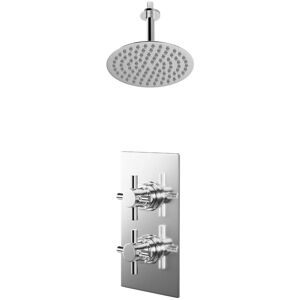 Wholesale Domestic Cross Polished Chrome Concealed Twin Thermostatic Shower Valve and 200mm Thin Round Fixed Head with 150mm Ceiling Arm - 1 Outlet Wholesale Domestic Cross Polished Chrome Concealed Twin Thermostatic Shower Valve and 200mm Thin Round Fixed Head with 150mm Ceiling Arm - 1 Outlet
