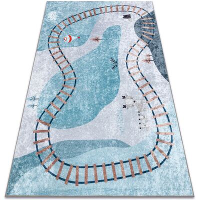 RUGSX Blue Train Junior Washable Carpet - Kids' Safe Playroom Rug RUGSX Blue Train Junior Washable Carpet - Kids' Safe Playroom Rug