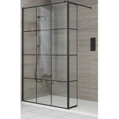 HUDSON REED Milano Barq - Black Recessed Walk In Wet Room Shower Enclosure with Grid Pattern Screen Hinged Return Panel Support Arm and White Slate Effect Tray HUDSON REED Milano Barq - Black Recessed Walk In Wet Room Shower Enclosure with Grid Pattern Screen Hinged Return Panel Support Arm and White Slate Effect Tray