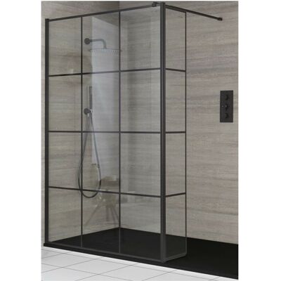 HUDSON REED Milano Barq Black Recessed Walk In Wet Room Shower Enclosure with Grid Pattern Screen Hinged Return Panel Support Arm and Graphite Slate Effect Tray HUDSON REED Milano Barq Black Recessed Walk In Wet Room Shower Enclosure with Grid Pattern Screen Hinged Return Panel Support Arm and Graphite Slate Effect Tray