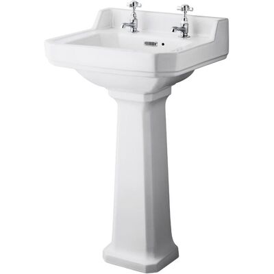 Premier - Milano Richmond - Traditional White Ceramic Bathroom Basin Sink with Full Pedestal and Two Tap Holes - 500mm x 350mm Premier - Milano Richmond - Traditional White Ceramic Bathroom Basin Sink with Full Pedestal and Two Tap Holes - 500mm x 350mm