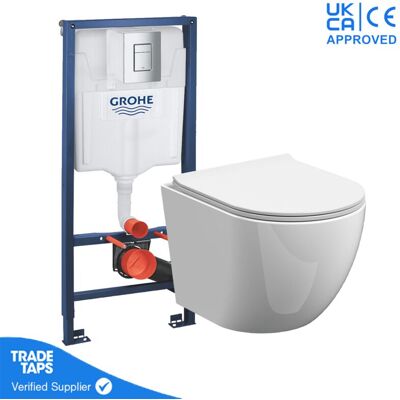 Rimless Wall Hung Toilet Pan with Grohe 1.13m Concealed Cistern Frame - Chrome Dual Flush Plate Rimless Wall Hung Toilet Pan with Grohe 1.13m Concealed Cistern Frame - Chrome Dual Flush Plate