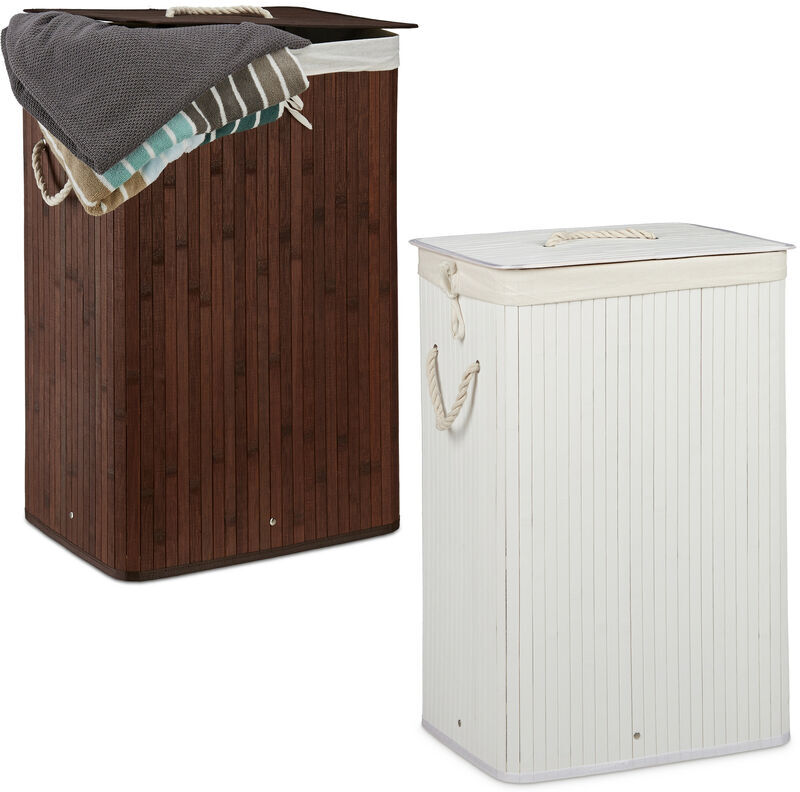 Relaxdays - 2x Laundry Basket Set, Bamboo Clothes Separator System, Hamper and Removable Linen Bag, 83 l each, Brown/White