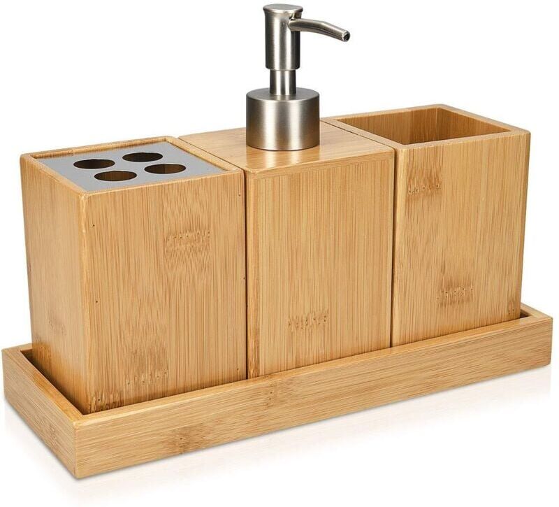 BEIJIYI Bathroom Accessory Set - 4 Bamboo Bathroom Accessories - Toothbrush Holder - Soap Dispenser - Tumbler - Stand