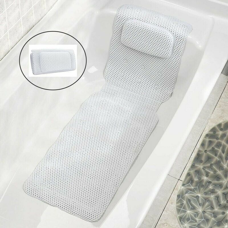 Hoopzi - Full Body Support Bath Mat with Bath Pillow, 3D Air Mesh Spa Bath Cushion, with Non-Slip Suction Cups (125 36CM)