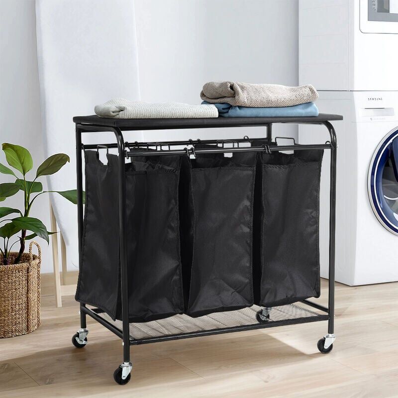 Livingandhome - Black 3 Bag Wheeled Laundry Sorter Cart with Ironing Board