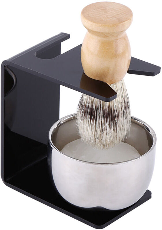 Groofoo - Men New Black Shaving Tool Stand Holder Nylon Hair Brush Stainless Steel Bowl Soap