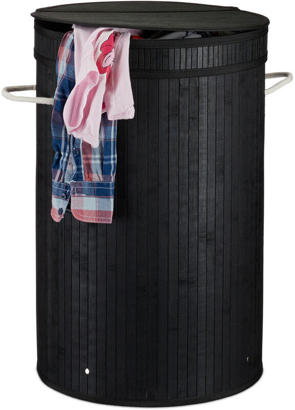 Relaxdays - Lidded Laundry Hamper, Round Clothes Sorter, 65 Litres, xxl Stand, Black