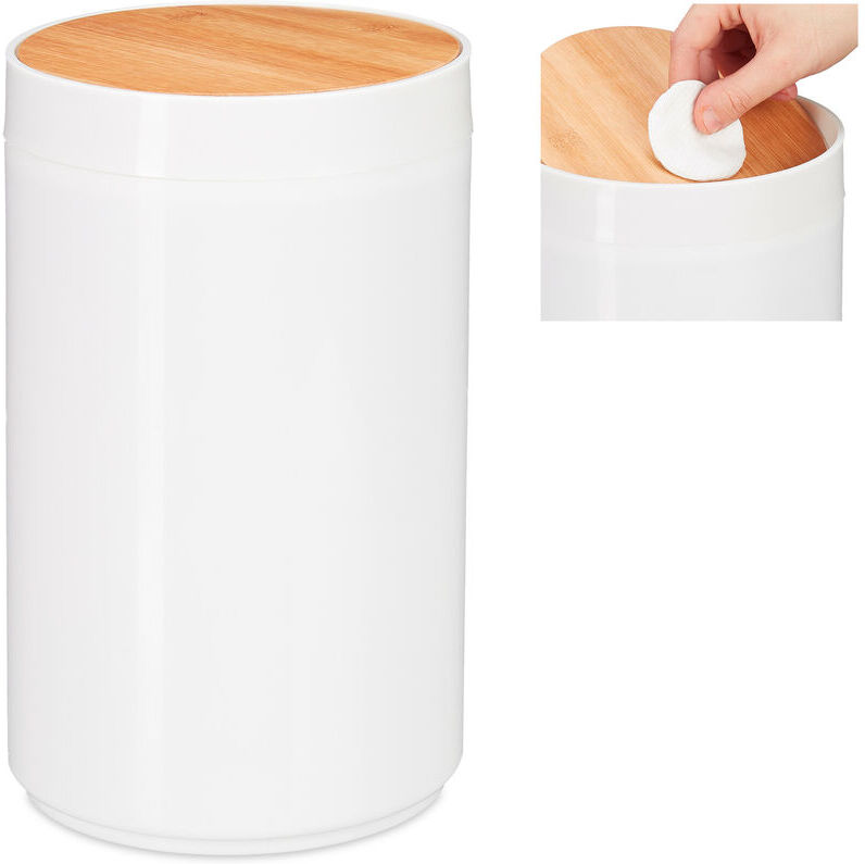 Relaxdays - Sanitary Bin, Bamboo Swing Lid, Modern Bathroom Trash Can, Plastic, 5.5 l, h x d: 26.5 x 18 cm, White