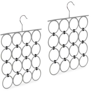 Relaxdays - Set of 2 Scarf Hanger, Folding Holder for Ties & Belts, 16 Rings, Compact Closet Organiser, Grey