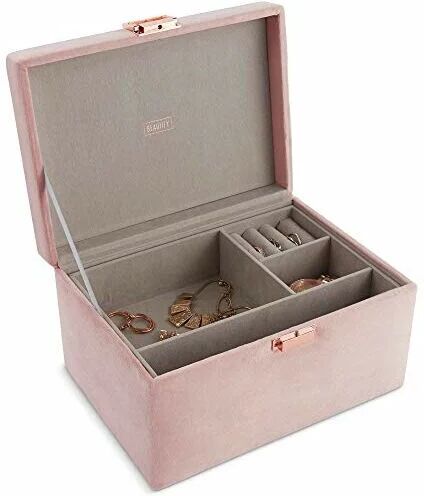 BTFY Jewellery Box, Pink Velvet 2 Tier Jewellery Organiser w/Ring Pad, Removable Tray, Multi-Purpose Space & Rose Gold Clasp, Stylish Dressing Table