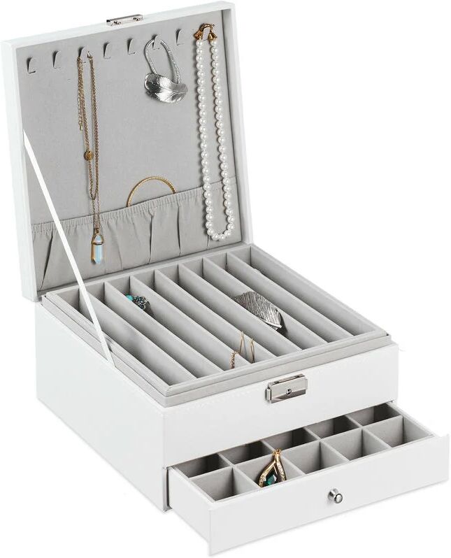 Jewellery Box, Faux Leather, Ring Organiser, Necklace Holder, Tray Insert & Drawer, hwd 13 x 26 x 26 cm, White - Relaxdays