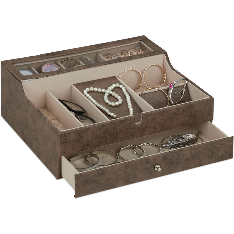 Jewellery Organiser with Lid, Leather Look, Velvet, Jewelry Box for Ladies & Gents, hwd: 13 x 34 x 31cm, Brown - Relaxdays
