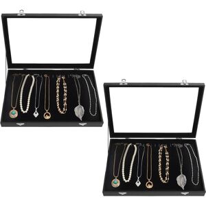 RHAFAYRE Black Velvet Jewelery Box with Glass Lid and 20 Hooks (Set of 2) - Stackable Necklace and Bracelet Storage Box - Ideal for Earrings & Anklets