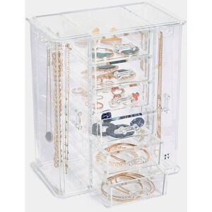 Btfy - Jewellery Stand, Acrylic Cosmetic & Jewellery Storage with 6 Drawers, 9 Necklace Hooks & 2 Side Compartments, Tabletop Plastic Jewellery