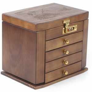 MUMU Carved Wooden Jewelry Box with Drawers with Mirror Lock (Dark Brown)