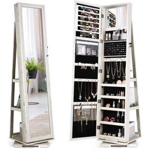 COSTWAY 3-in-1 Jewelry Cabinet 360° Swivel Mirrored Jewelry Armoire w/ Display Shelves