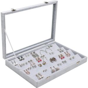 Gray Velvet Earring Storage with 40 Slots and Lid - 4 Tier Jewelry and Earring Display with Clear Glass Window for Earrings - Rhafayre