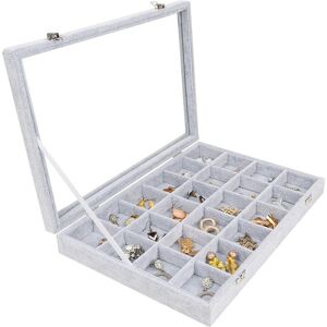 RHAFAYRE Gray Velvet Jewelery Box with 24 Sections and Glass Lid - Stackable and Modular Jewelery Box for Rings, Necklaces, Bracelets, Earrings and Watches