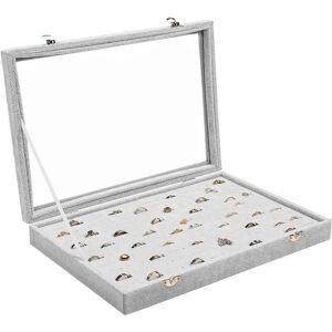 Gray Velvet Ring Storage with Lid and 100 Notches - Jewelery Box with Clear Glass Lid for Rings, Earrings and Cufflinks - Rhafayre