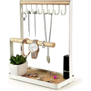 PESCE Jewelry Holder, Tiered Necklace, Earring Tray, Wooden Ring Organizer, 8 Hooks, Storage Necklaces, Bracelets, Rings and Watches on the Desk