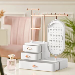 Livingandhome - Jewelry Organizer Makeup Storage Box with Mirror Necklace Eearring Display, White
