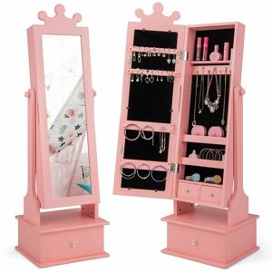 COSTWAY Kid's Jewelry Cabinet Armoire Full Length Dressing Mirror With 3 Storage Drawers